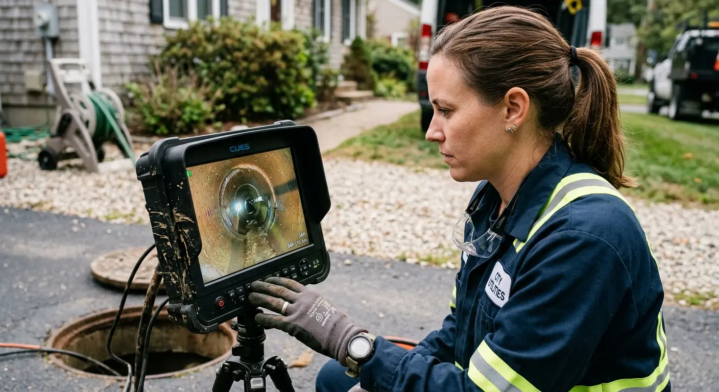 Technician reviewing sewer camera inspection footage in Lakeland Highlands
