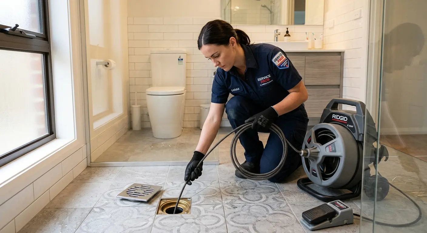 Technician clearing a bathroom floor drain for Sewer Line Replacement in Lakeland Highlands